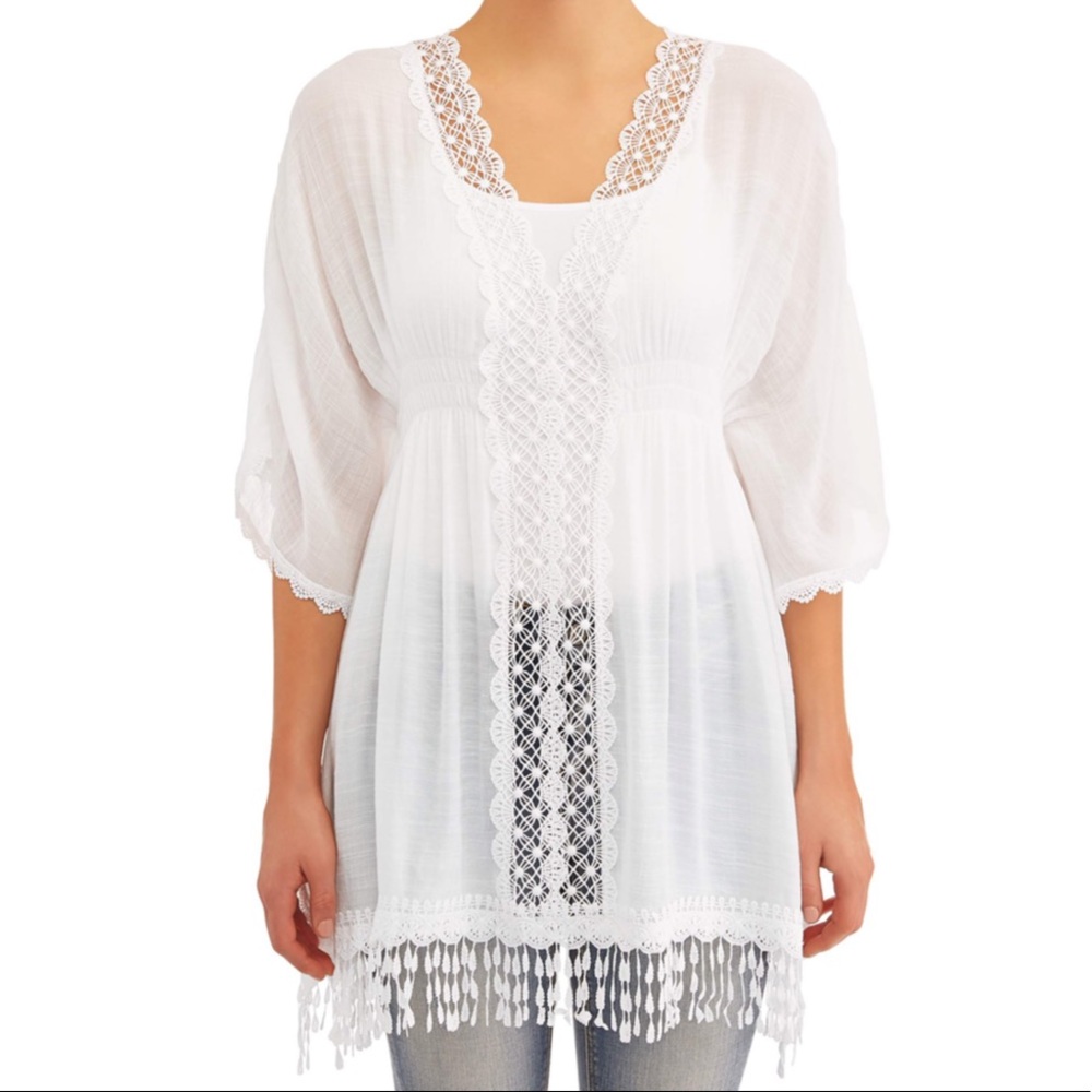 Time and True Crochet Trim Kimono Cover-Up OS
